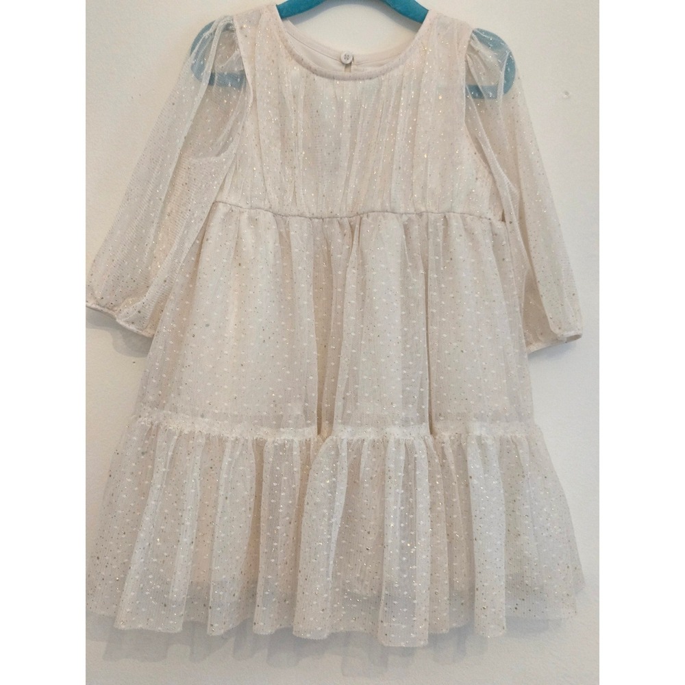 Cat & Jack Toddler Girls Cream Gold Glitter Tulle Tiered Dress Size 3T Holiday